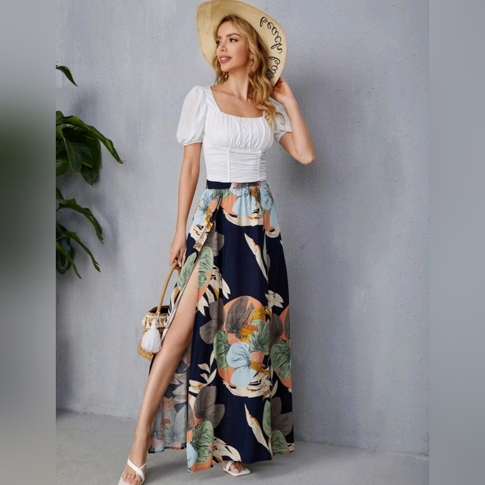 SHEIN Floral Maxi Skirt - Black, Orange, Green